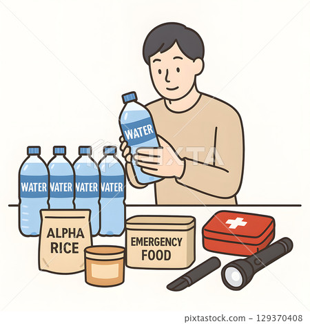 準備水和米等緊急物資的插圖 129370408