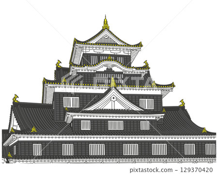 A realistic illustration of Okayama Castle's castle tower 129370420