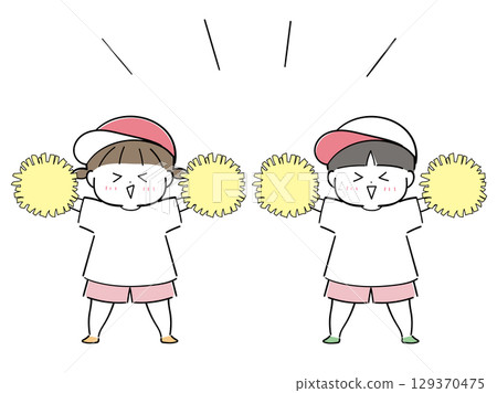 Boys and girls cheering with pom-poms (pink) Boys and girls cheering with pom-poms (pink) 129370475