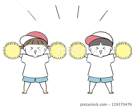 Set of boys and girls cheering with pom-poms 129370476