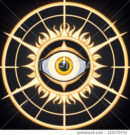 Mysterious golden eye within a cosmic sun mandala radiating powerful spiritual energy and ancient wisdom Mysterious golden eye within a cosmic sun mandala radiating powerful spiritual energy and ancient wisdom 129370534