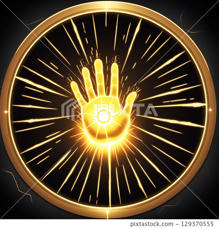 Radiant golden hand glowing with powerful energy, emanating light rays within a circular frame, symbolizing divine power and cosmic force Radiant golden hand glowing with powerful energy, emanating light rays within a circular frame, symbolizing divine power and cosmic force 129370555