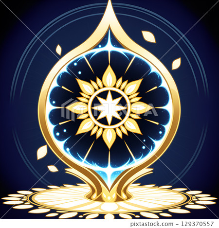 Radiant golden mandala emblem with celestial blue glow radiates mystical energy and divine beauty Radiant golden mandala emblem with celestial blue glow radiates mystical energy and divine beauty 129370557