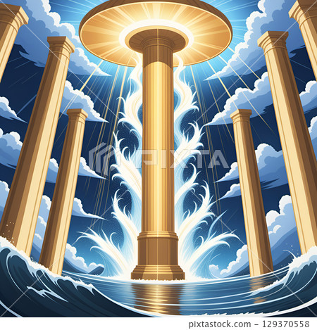 Majestic golden pillars emerge from crashing waves under a radiant sky, symbolizing power and divine intervention. Majestic golden pillars emerge from crashing waves under a radiant sky, symbolizing power and divine intervention. 129370558