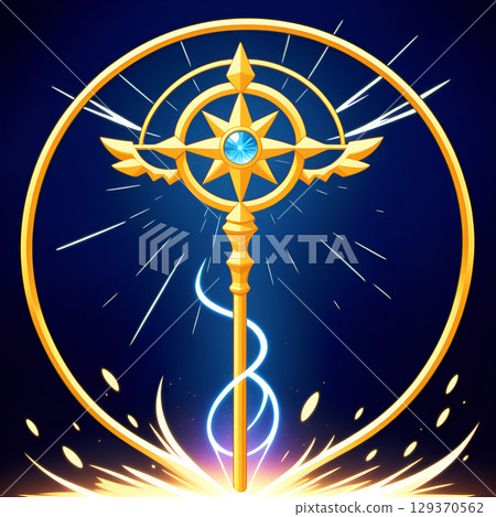 Golden magical staff with glowing crystal and celestial energy radiating power, perfect for fantasy or spiritual projects 129370562