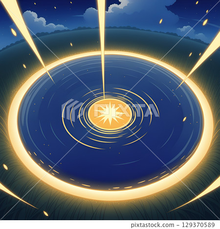 Mysterious glowing vortex opens in starry night sky above tranquil water, promising cosmic wonder and discovery 129370589