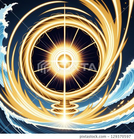 Dynamic golden vortex with radiant energy bursts erupting from a central sun-like core amidst swirling ocean waves 129370597