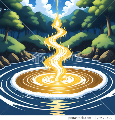 Mystical energy vortex erupts from tranquil river amidst lush forest landscape, reaching towards the sunlit sky Mystical energy vortex erupts from tranquil river amidst lush forest landscape, reaching towards the sunlit sky 129370599