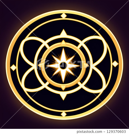 Radiant golden compass mandala design glowing with mystical energy on a dark cosmic background Radiant golden compass mandala design glowing with mystical energy on a dark cosmic background 129370603
