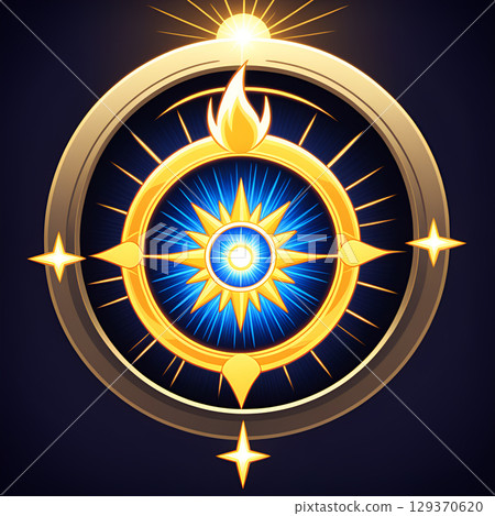 Radiant golden compass emblem with glowing sun and starburst, symbolizing guidance and discovery Radiant golden compass emblem with glowing sun and starburst, symbolizing guidance and discovery 129370620