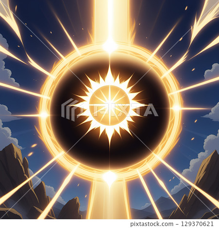 Cosmic event unfolds with blazing starburst and radiant energy beams illuminating a dramatic sky above mountains Cosmic event unfolds with blazing starburst and radiant energy beams illuminating a dramatic sky above mountains 129370621