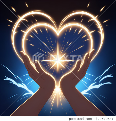 Hands cradle glowing heart radiating light, symbolizing hope, love, and positive energy in a vibrant display 129370624