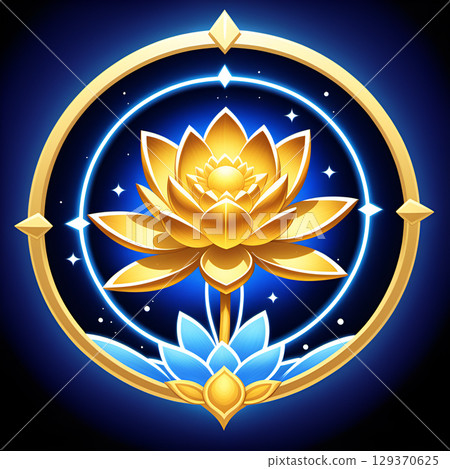 Radiant golden lotus blooms within a cosmic blue circle, symbolizing enlightenment and spiritual awakening 129370625