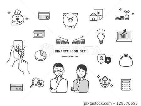 Illustration of a financial icon set themed around asset management and household management (monochrome) 129370655