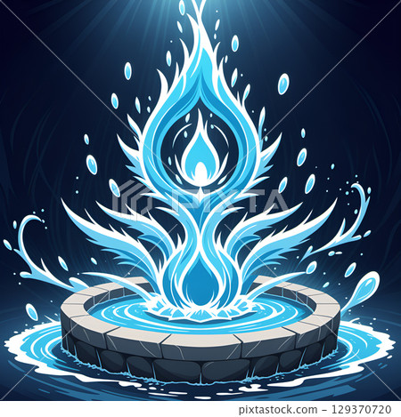 Stylized blue water fountain erupting with glowing core against dark background Stylized blue water fountain erupting with glowing core against dark background 129370720