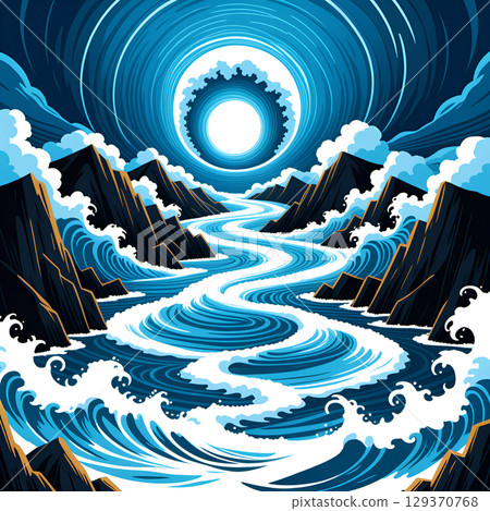 Dramatic river flows through rugged mountains towards a swirling vortex under a bright, ethereal sky. 129370768