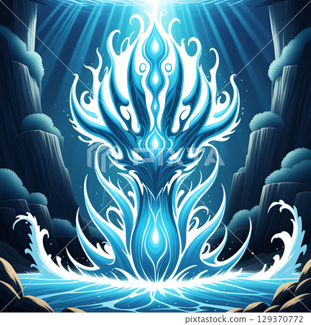 Mystical blue water spirit emerges from flowing river amidst rocky cliffs and sunlight beams 129370772