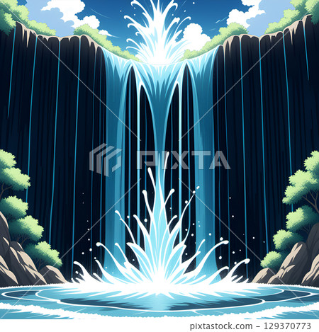 Majestic waterfall cascades down dark cliffs into a vibrant blue pool surrounded by lush green trees 129370773