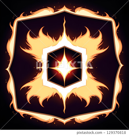 Fiery emblem with glowing star at center, surrounded by abstract flame-like shapes and a decorative border 129370818