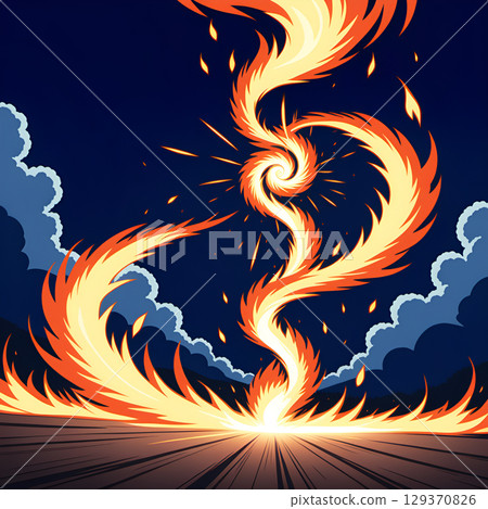 Vibrant swirling fire vortex against a dark night sky with clouds, intense energy and motion. 129370826