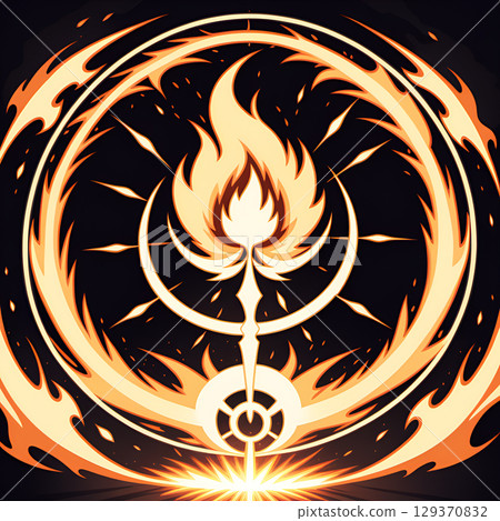 Energetic fiery portal with glowing light and abstract flame elements on a dark background Energetic fiery portal with glowing light and abstract flame elements on a dark background 129370832