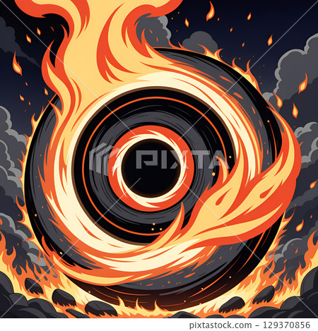Fiery vortex engulfs black circular object against a stormy, dark sky with distant flames. Fiery vortex engulfs black circular object against a stormy, dark sky with distant flames. 129370856