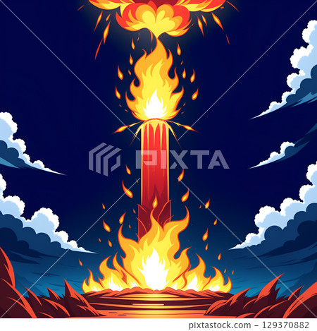 Fiery tower erupts with intense flames against a dark blue sky and clouds. 129370882