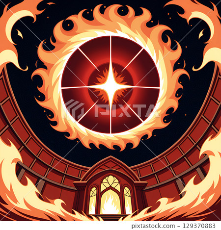Fiery portal above ancient structure with glowing center and surrounding flames 129370883