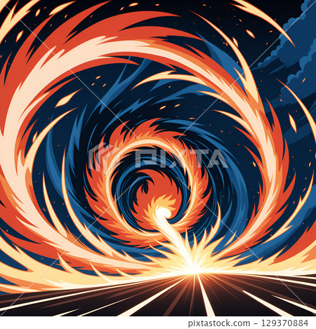 Fiery vortex of energy erupts with bright light and swirling fiery trails against a dark sky 129370884
