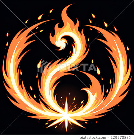 Fiery abstract swirl with glowing embers and flame tendrils on a dark background 129370885