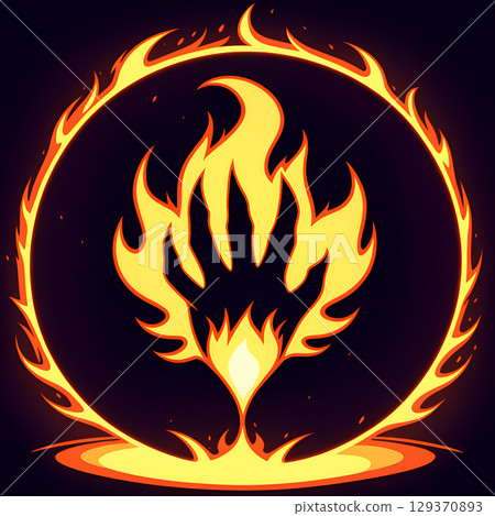 Stylized fiery phoenix emblem with a circular flame border on a dark background Stylized fiery phoenix emblem with a circular flame border on a dark background 129370893