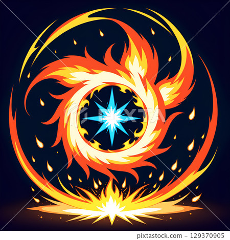 Dynamic fiery vortex with bright blue star at center and sparks against dark background 129370905