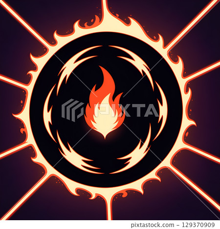Fiery abstract sun with radiating solar flares and inner flame on a dark background 129370909