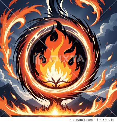 Fiery Phoenix reborn from ashes in a swirling vortex of flames against a dramatic stormy sky 129370910