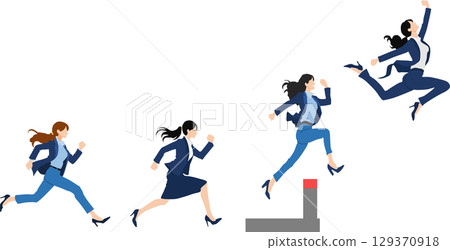 Illustration of a businesswoman jumping over a hurdle Illustration of a businesswoman jumping over a hurdle 129370918