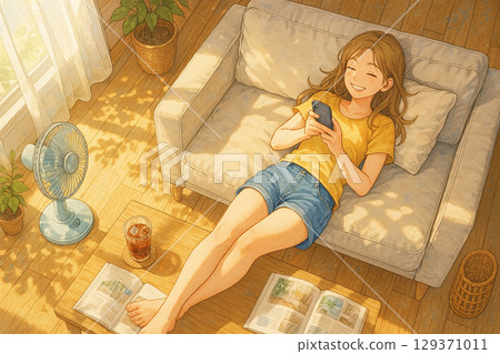 下午，一個女孩在玩她的智慧型手機 129371011