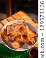 The Fried dumplings on white bowl for food concept. 129371106
