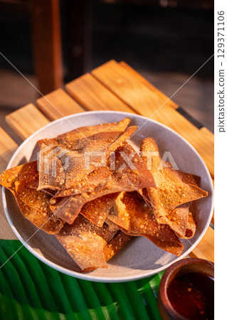 The Fried dumplings on white bowl for food concept. 129371106