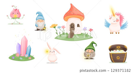 Magic forest cartoon set with gnomes, unicorn, crystals and mushroom house 129371182
