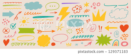 Brush chalk element set. Hand drawn arrow, speech bubble, crayon highlight frame, check mark and comic talk sketch. Blackboard brush chalk texture stroke for kid text elements. Vector 129371183