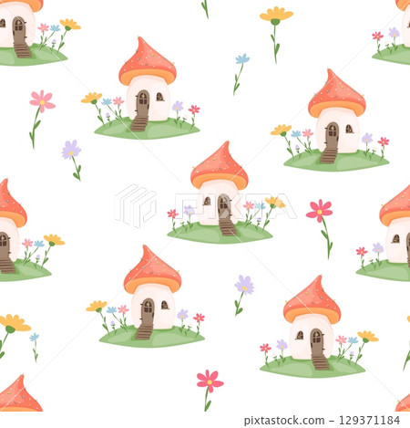 Seamless pattern with cute mushroom houses and wildflowers 129371184