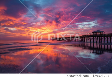 colorful sunrise over the beach with a pier. colorful sunrise over the beach with a pier. 129371207