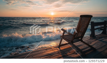A beach chair sits on the shore of an ocean at sunset with waves crashing in the background 129371229