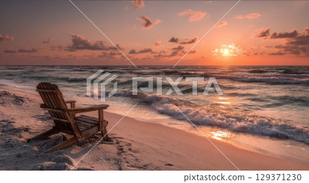 A beach chair sits on the shore of an ocean at sunset with waves crashing in the background 129371230