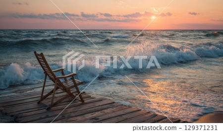 A beach chair sits on the shore of an ocean at sunset with waves crashing in the background A beach chair sits on the shore of an ocean at sunset with waves crashing in the background 129371231