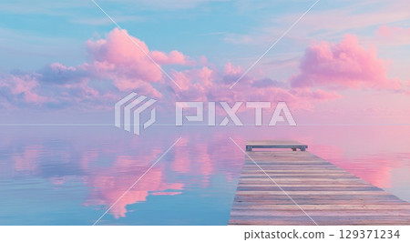 A pink and blue pastel sky with a wooden dock leading into the ocean. A pink and blue pastel sky with a wooden dock leading into the ocean. 129371234