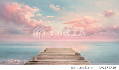 A pink and blue pastel sky with a wooden dock leading into the ocean. 129371236