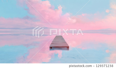 A pink and blue pastel sky with a wooden dock leading into the ocean. 129371238