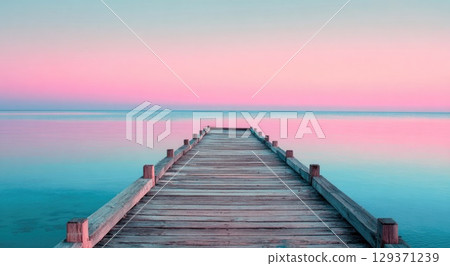 A pink and blue pastel sky with a wooden dock leading into the ocean. 129371239