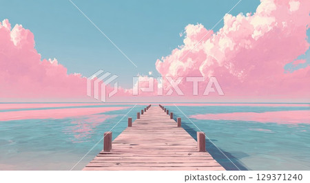 A pink and blue pastel sky with a wooden dock leading into the ocean. 129371240